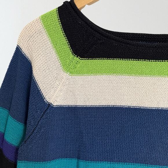 Chaps Ralph Lauren Preppy Striped Sweater Sz L Womens Cotton Blend Blues Raglan - Picture 2 of 7